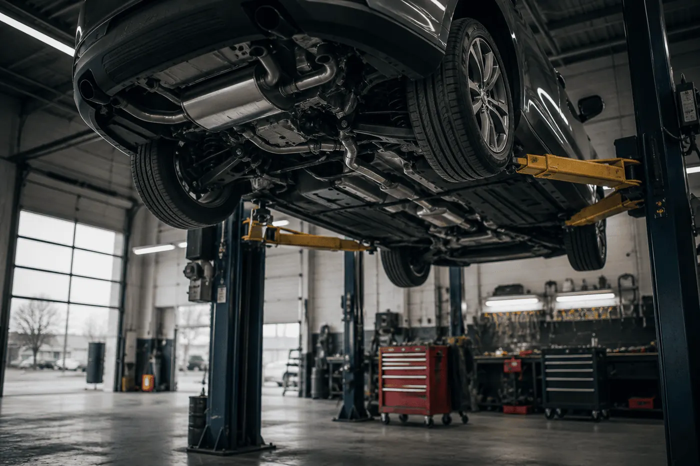 A car raised on a two-post lift in the Prime Lube workshop